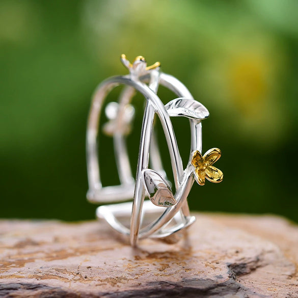 Women's 925 Sterling Silver Interwoven Flower Drop Ring With Pastoral Style And Electroplating Treatment