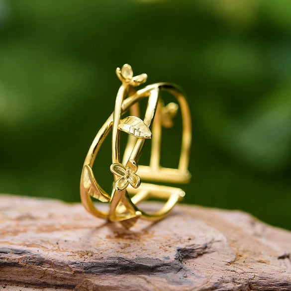Women's 925 Sterling Silver Interwoven Flower Drop Ring With Pastoral Style And Electroplating Treatment