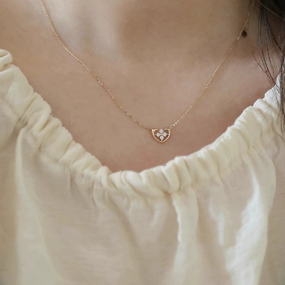 Women's 925 Sterling Silver 14K Gold Plated Necklace With Cross Small Flower Four Leaf Clover Elements And O Chain