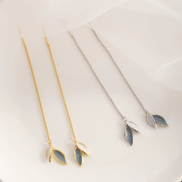 Women's Sterling Silver Leaf Earrings With Blue Accent Long Elegant Botanical Design And Light Luxury Style