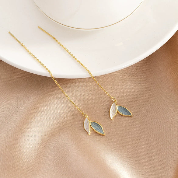 Women's Sterling Silver Leaf Earrings With Blue Accent Long Elegant Botanical Design And Light Luxury Style