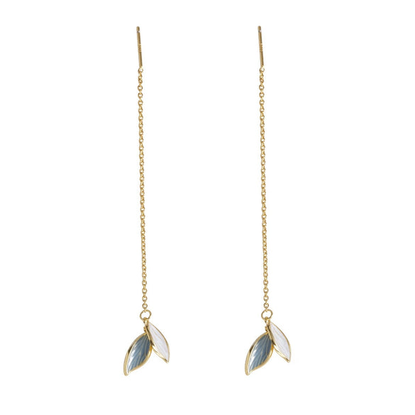 Women's Sterling Silver Leaf Earrings With Blue Accent Long Elegant Botanical Design And Light Luxury Style