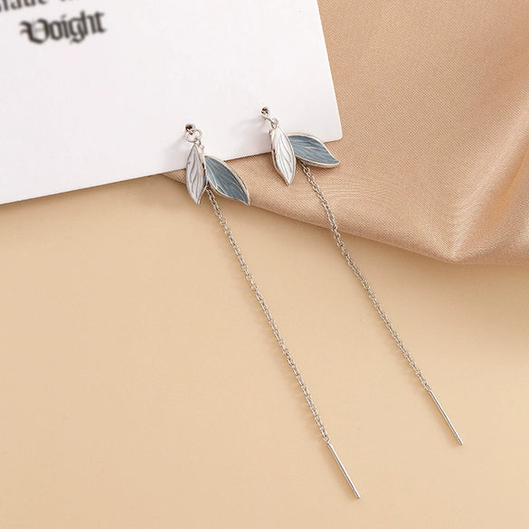 Women's Sterling Silver Leaf Earrings With Blue Accent Long Elegant Botanical Design And Light Luxury Style