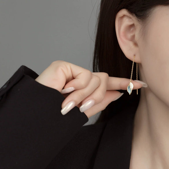 Women's Sterling Silver Leaf Earrings With Blue Accent Long Elegant Botanical Design And Light Luxury Style