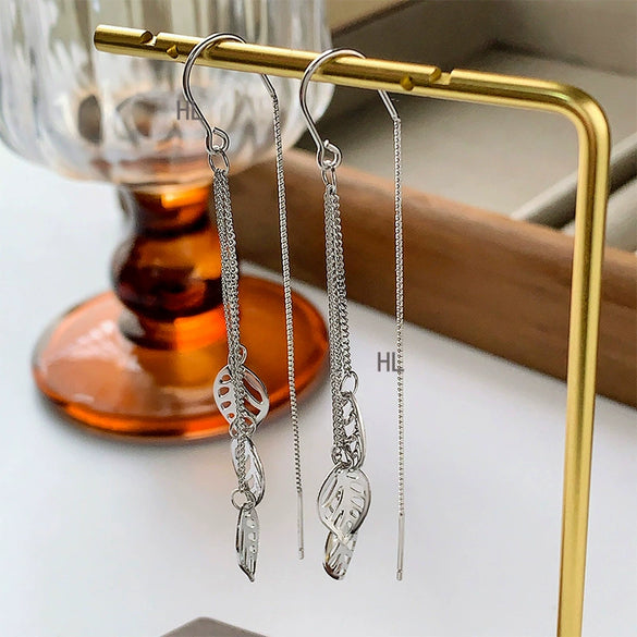 Women's 925 Sterling Silver Long Hollow Leaf Tassel Earrings Elegant Fashion Ear Hook Dangle Earrings