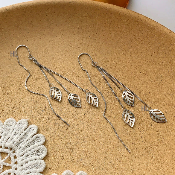 Women's 925 Sterling Silver Long Hollow Leaf Tassel Earrings Elegant Fashion Ear Hook Dangle Earrings