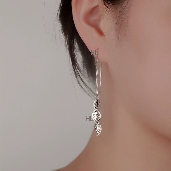 Women's 925 Sterling Silver Long Hollow Leaf Tassel Earrings Elegant Fashion Ear Hook Dangle Earrings