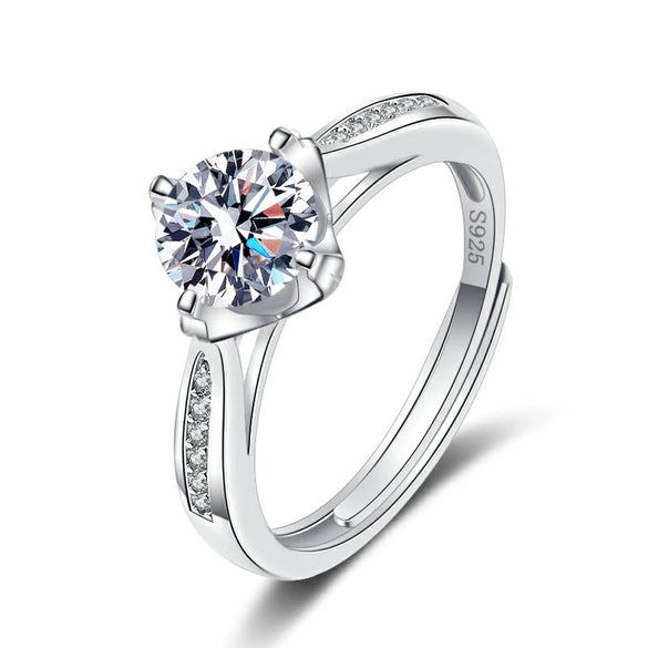 Women's Sterling Silver Moissanite Ring Four Prong Geometric Adjustable Open Band Electroplated Fine Jewelry Gift