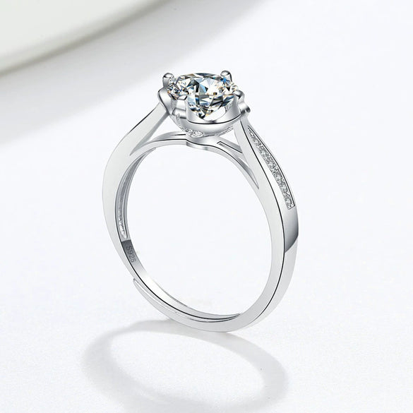 Women's Sterling Silver Moissanite Ring Four Prong Geometric Adjustable Open Band Electroplated Fine Jewelry Gift