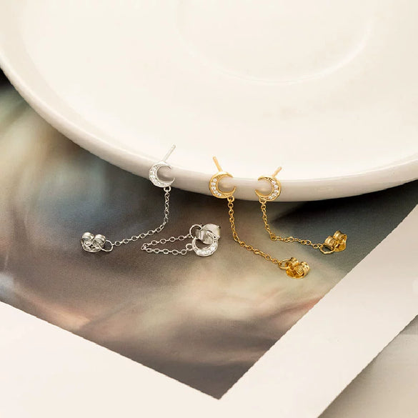 Women's Sterling Silver Moon Chain Earrings With Geometric Zircon Details And Electroplated Finish Simple Distinctive Style