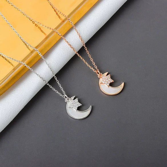 Women's 925 Sterling Silver Moon Pendant Necklace With Geometric Cross Chain Electroplated Light Luxury Jewelry