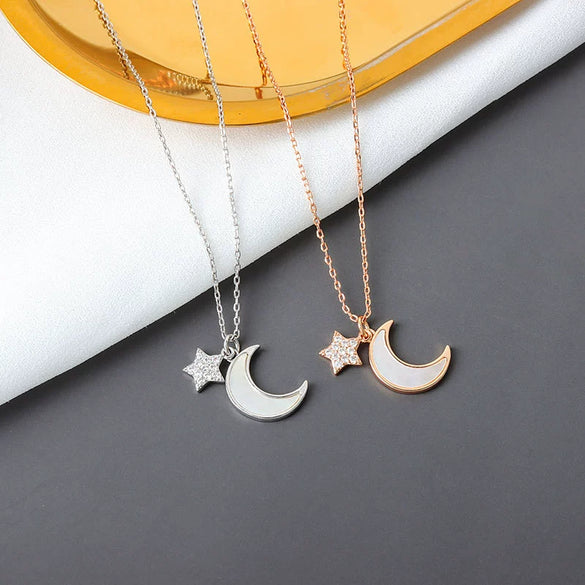 Women's 925 Sterling Silver Moon Pendant Necklace With Geometric Cross Chain Electroplated Light Luxury Jewelry