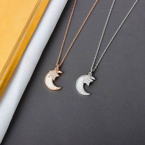 Women's 925 Sterling Silver Moon Pendant Necklace With Geometric Cross Chain Electroplated Light Luxury Jewelry