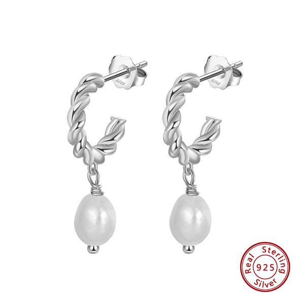 Women's 925 Sterling Silver Natural Freshwater Pearl Baroque Bead Geometric Earrings