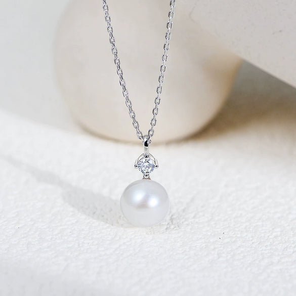 Women's Sterling Silver Natural Pearl Geometric Inlaid Clavicle Chain Pendant Necklace