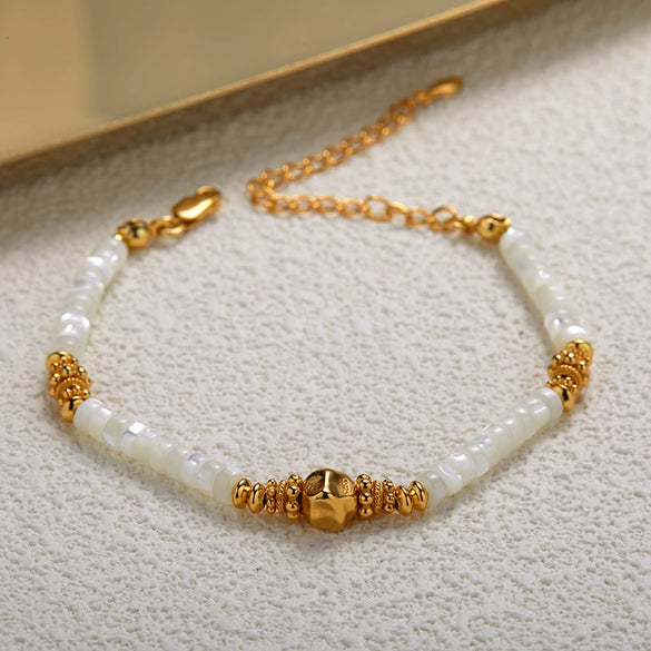 Women's 925 Sterling Silver Natural White Bead Bracelet With Geometric Original Design Pure Handmade