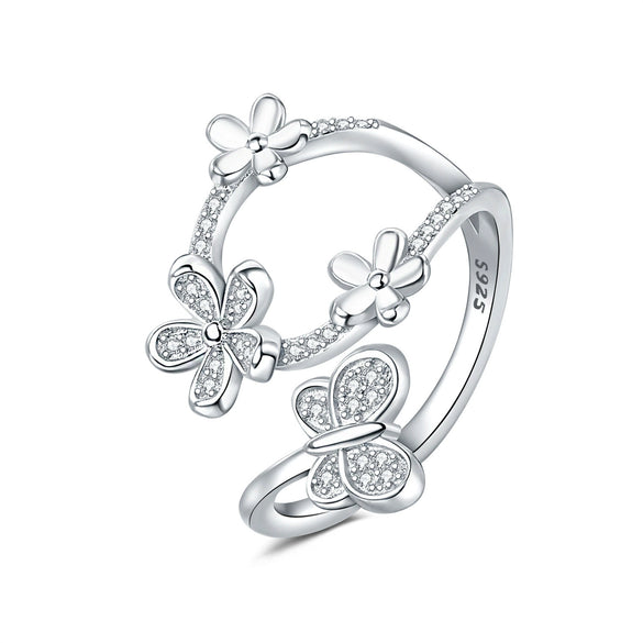 Women's 925 Sterling Silver Open Ring With Hollow Leaves And Butterfly Pattern Natural Style