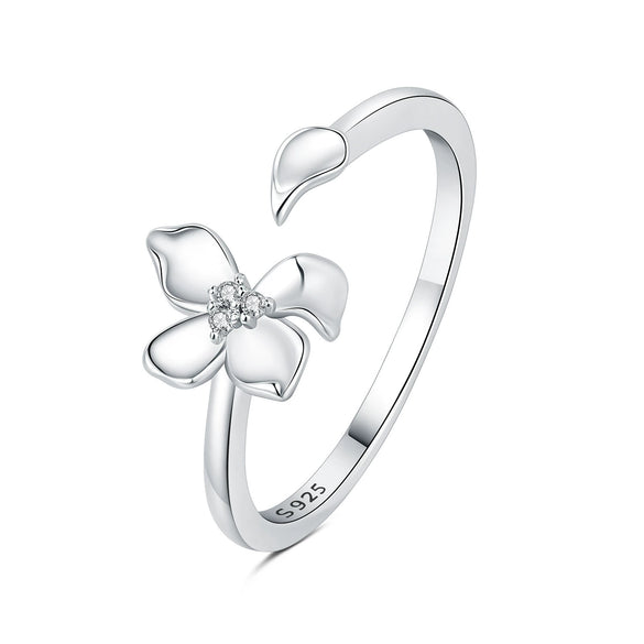 Women's 925 Sterling Silver Open Ring With Hollow Leaves And Butterfly Pattern Natural Style