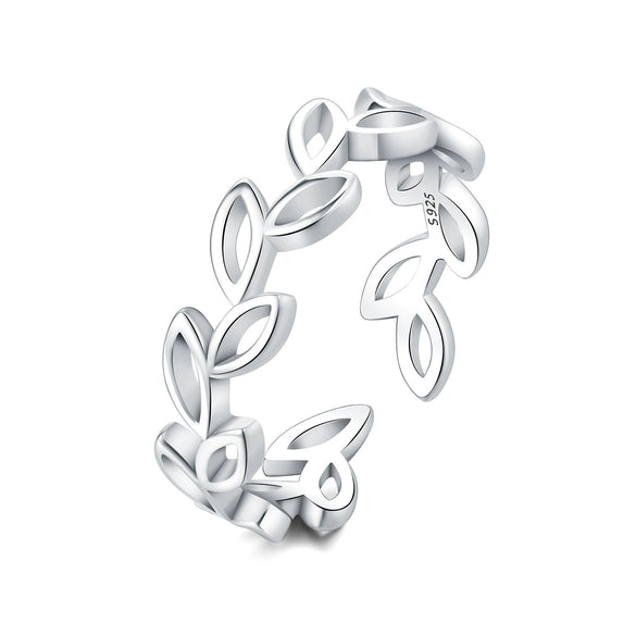 Women's 925 Sterling Silver Open Ring With Hollow Leaves And Butterfly Pattern Natural Style