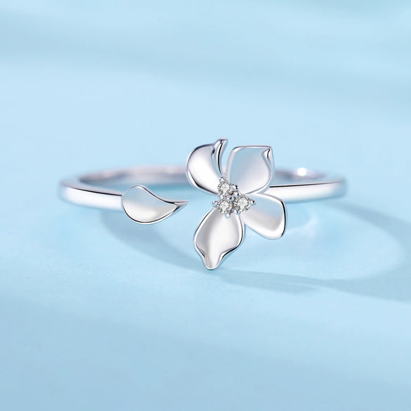 Women's 925 Sterling Silver Open Ring With Hollow Leaves And Butterfly Pattern Natural Style