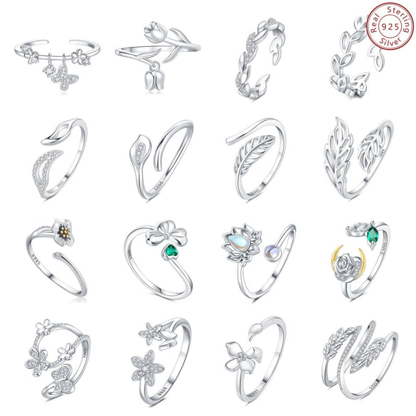 Women's 925 Sterling Silver Open Ring With Hollow Leaves And Butterfly Pattern Natural Style