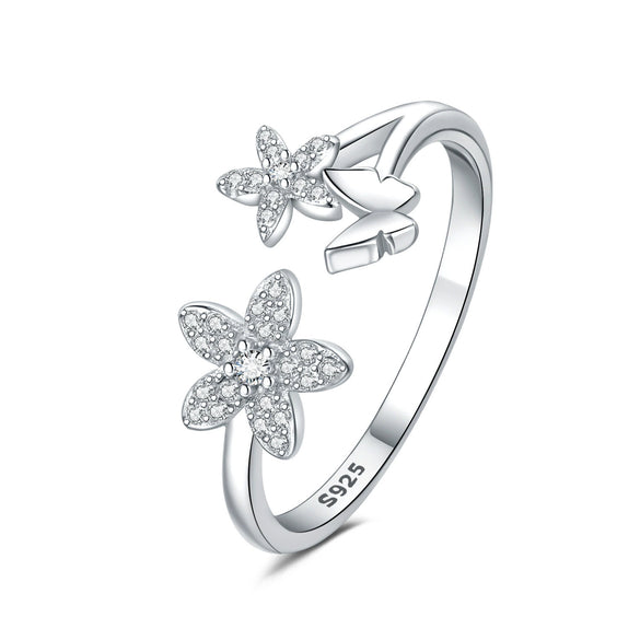 Women's 925 Sterling Silver Open Ring With Hollow Leaves And Butterfly Pattern Natural Style