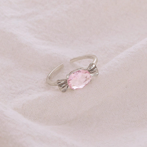 Women's Sterling Silver Pink Bow Adjustable Open Ring With Electroplated Finish Sweet Cute Jewelry