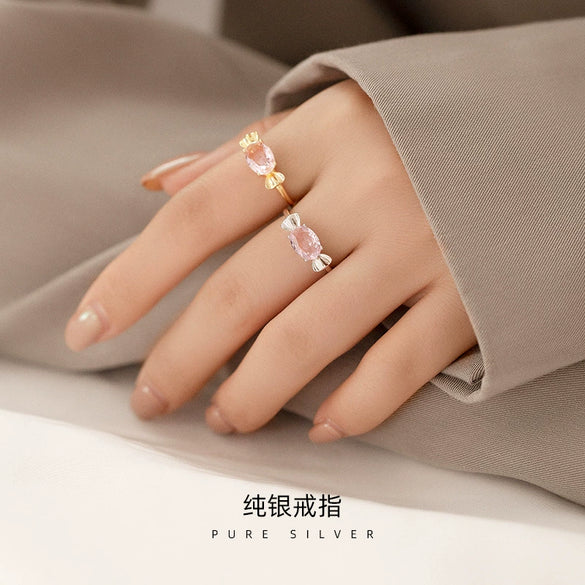 Women's Sterling Silver Pink Bow Adjustable Open Ring With Electroplated Finish Sweet Cute Jewelry