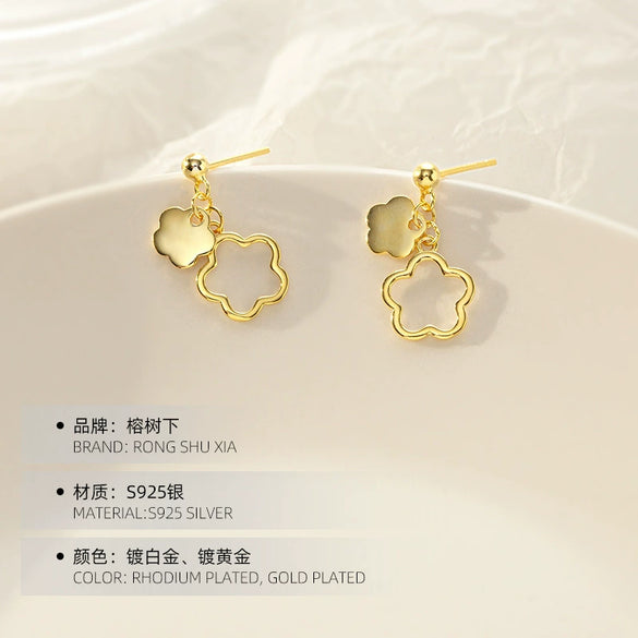 Women's Sterling Silver Plum Blossom Earrings With Electroplated Finish Elegant Botanical Flower Jewelry
