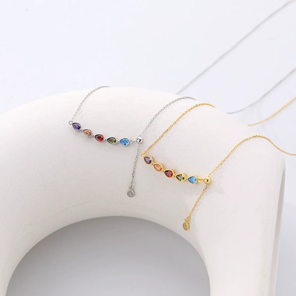 Women's 925 Sterling Silver Rainbow Water Drop Zircon Gem Inlaid Pendant Necklace With Cross Chain And Tassel
