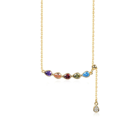 Women's 925 Sterling Silver Rainbow Water Drop Zircon Gem Inlaid Pendant Necklace With Cross Chain And Tassel