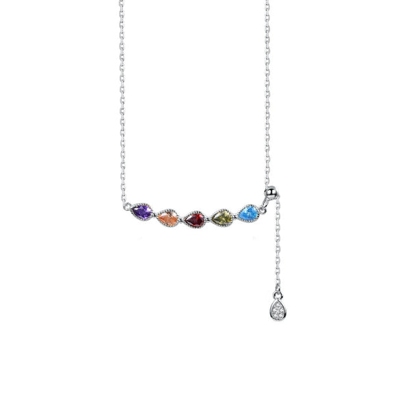 Women's 925 Sterling Silver Rainbow Water Drop Zircon Gem Inlaid Pendant Necklace With Cross Chain And Tassel