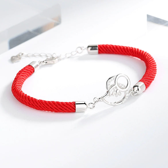 Women's Sterling Silver Red Rope Zodiac Mouse Bracelet With Electroplated Animal Charm Lucky Hand Rope Jewelry