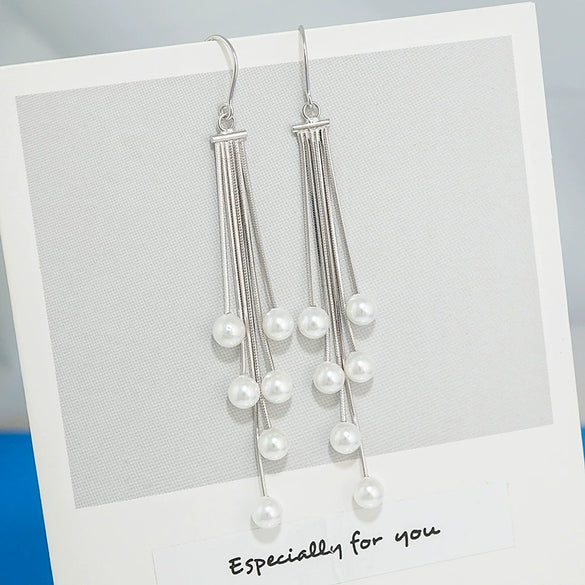 Women's 925 Sterling Silver Retro Pearl Tassel Drop Earrings Simple Long Dangle Earrings With Natural Elegant Style