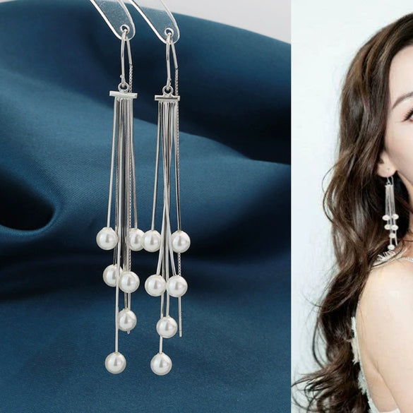 Women's 925 Sterling Silver Retro Pearl Tassel Drop Earrings Simple Long Dangle Earrings With Natural Elegant Style