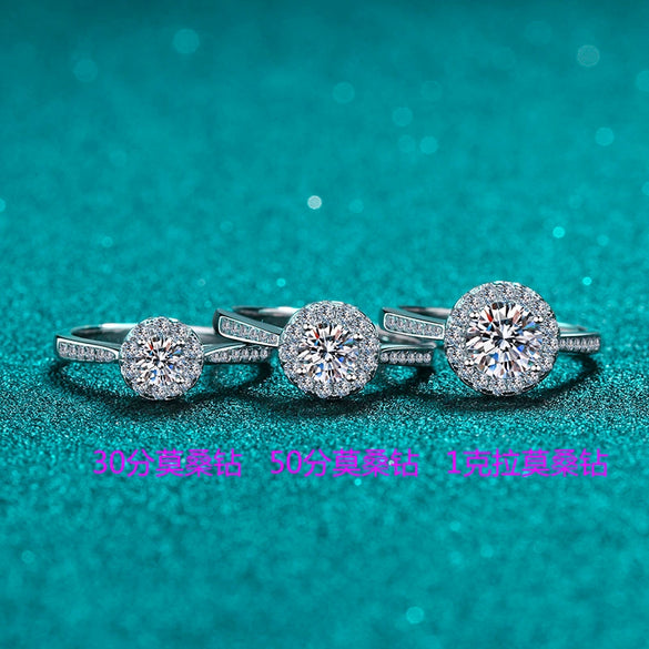 Women's 925 Sterling Silver Ring Plated With Pt950 Gold Set With Moissanite Four Claw Round Bag Design Electroplated