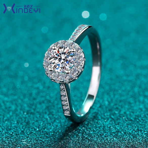 Women's 925 Sterling Silver Ring Plated With Pt950 Gold Set With Moissanite Four Claw Round Bag Design Electroplated