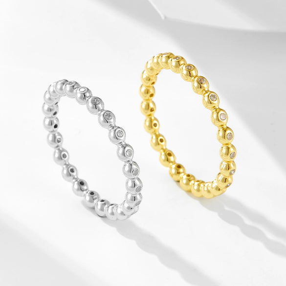 Women's Sterling Silver Ring With Small Round Beads And Diamondencrusted Geometric Design