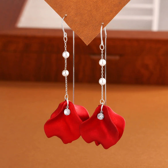 Women's 925 Sterling Silver Rose Petal Tassel Earrings With Pearl Floral Light Luxury Statement Drop Design