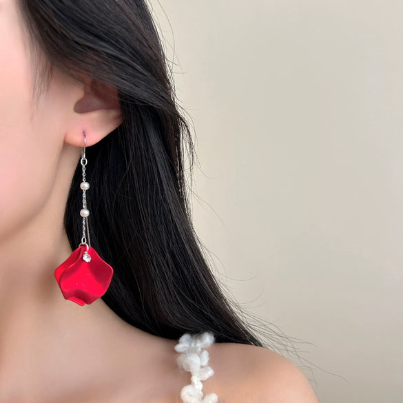 Women's 925 Sterling Silver Rose Petal Tassel Earrings With Pearl Floral Light Luxury Statement Drop Design