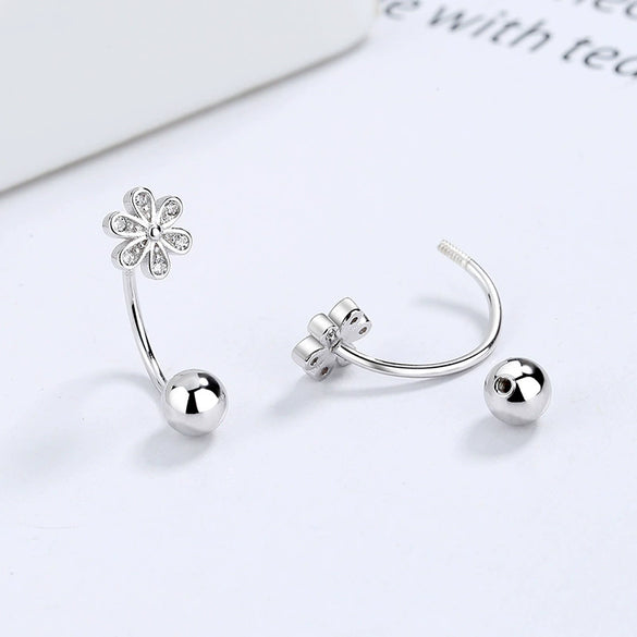 Women's 925 Sterling Silver Screw Pattern Round Bead Six Petal Flower U Shaped Anti Drop Earrings Elegant Floral Ear Jewelry