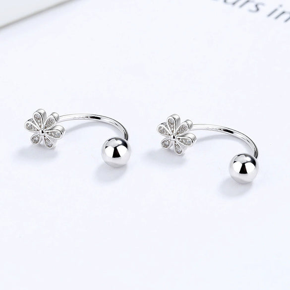 Women's 925 Sterling Silver Screw Pattern Round Bead Six Petal Flower U Shaped Anti Drop Earrings Elegant Floral Ear Jewelry