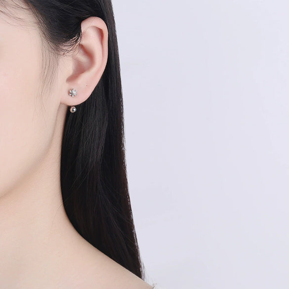 Women's 925 Sterling Silver Screw Pattern Round Bead Six Petal Flower U Shaped Anti Drop Earrings Elegant Floral Ear Jewelry