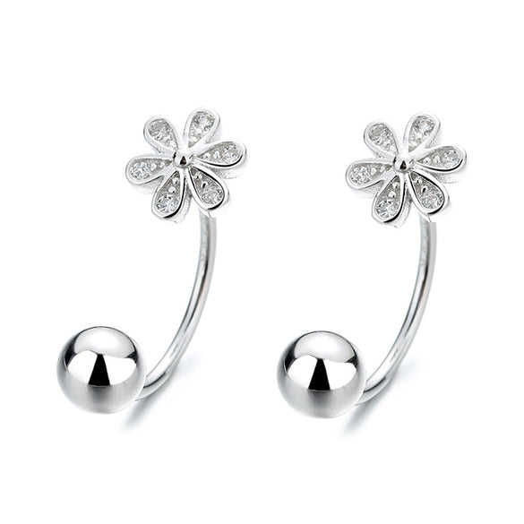 Women's 925 Sterling Silver Screw Pattern Round Bead Six Petal Flower U Shaped Anti Drop Earrings Elegant Floral Ear Jewelry