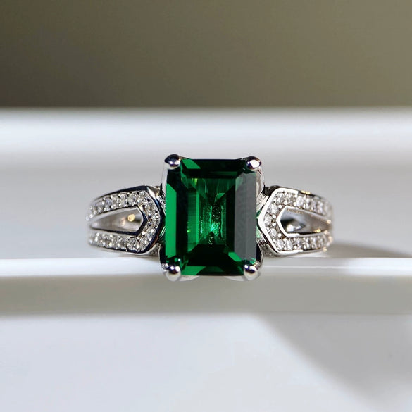 Women's Sterling Silver 925 Silver Emerald Cut Elegant Geometric Ring Electroplated