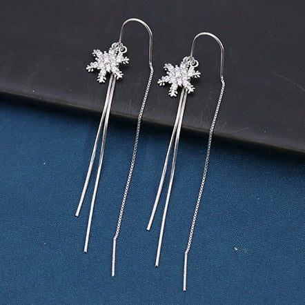 Women's 925 Sterling Silver Snowflake Tassel Ear Line Earrings Light Luxury Geometric Long Dangle Earrings