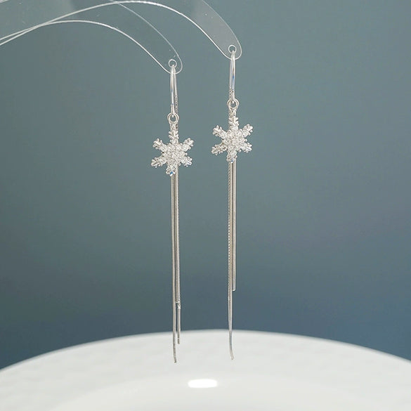Women's 925 Sterling Silver Snowflake Tassel Ear Line Earrings Light Luxury Geometric Long Dangle Earrings