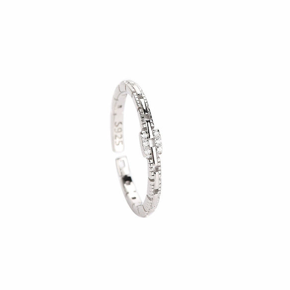 Women's Sterling Silver Square Zircon Open Ring With Chain Detail And Electroplated Finish