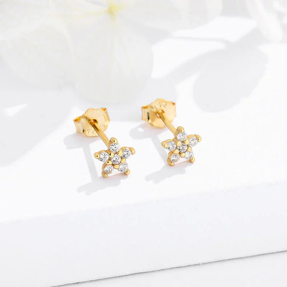 Women's Sterling Silver Star Earrings With Zircon Inlay And Electroplated Fivepoint Star Design