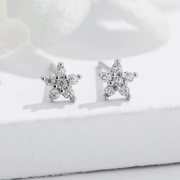 Women's Sterling Silver Star Earrings With Zircon Inlay And Electroplated Fivepoint Star Design